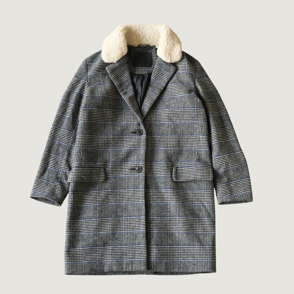 Levis Amaya Coat Grey Plaid Faux Fur Collar Wool Blend Small Winter Pea Coat S